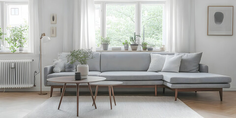Modern Sectional Sofa in Light Grey with Wooden Legs, Situated in a Bright Living Room with Large Windows and Plants, Minimalist Decor Style