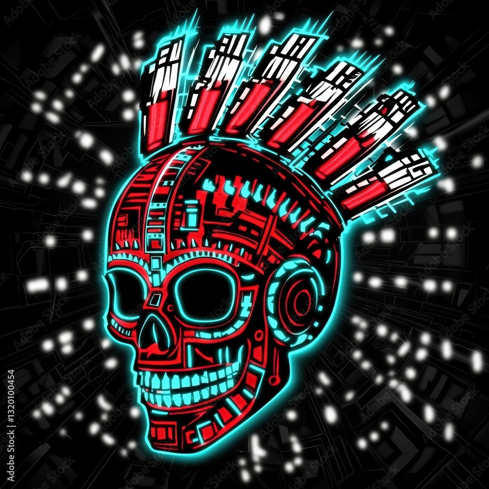 Poster glowing digital skull design with futuristic wave pattern and neon elements for creative projects