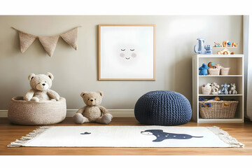 Adorable Nursery Room Interior Design with Plush Teddy Bears, Playful Rug, and Soft Knit Pouf, Creating a Cozy and Child-Friendly Atmosphere.