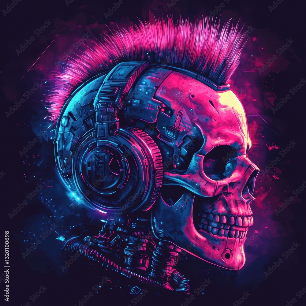 Poster futuristic glowing robotic skull design with vibrant colors and dynamic features for modern art and 