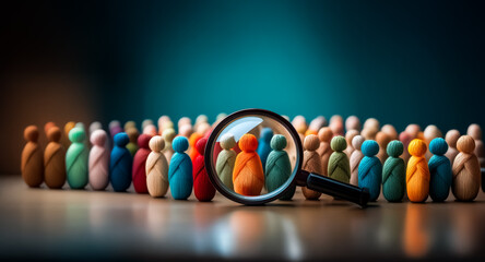 Figurines in rows, magnifying glass focuses on center, highlighting individuals within the crowd. Selective observation of a diverse group.