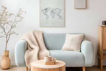 Light Blue Sofa with Beige Throw and Pillow, Wooden Coffee Table, and World Map Print in Minimalist Living Room Setting