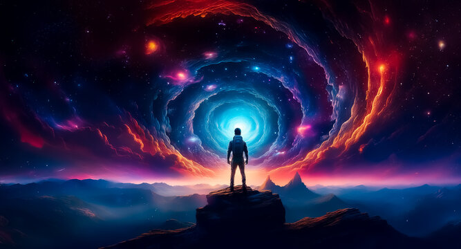A lone figure stands atop a hill, gazing up at a vibrant, swirling vortex of cosmic light in the night sky, above distant mountains.