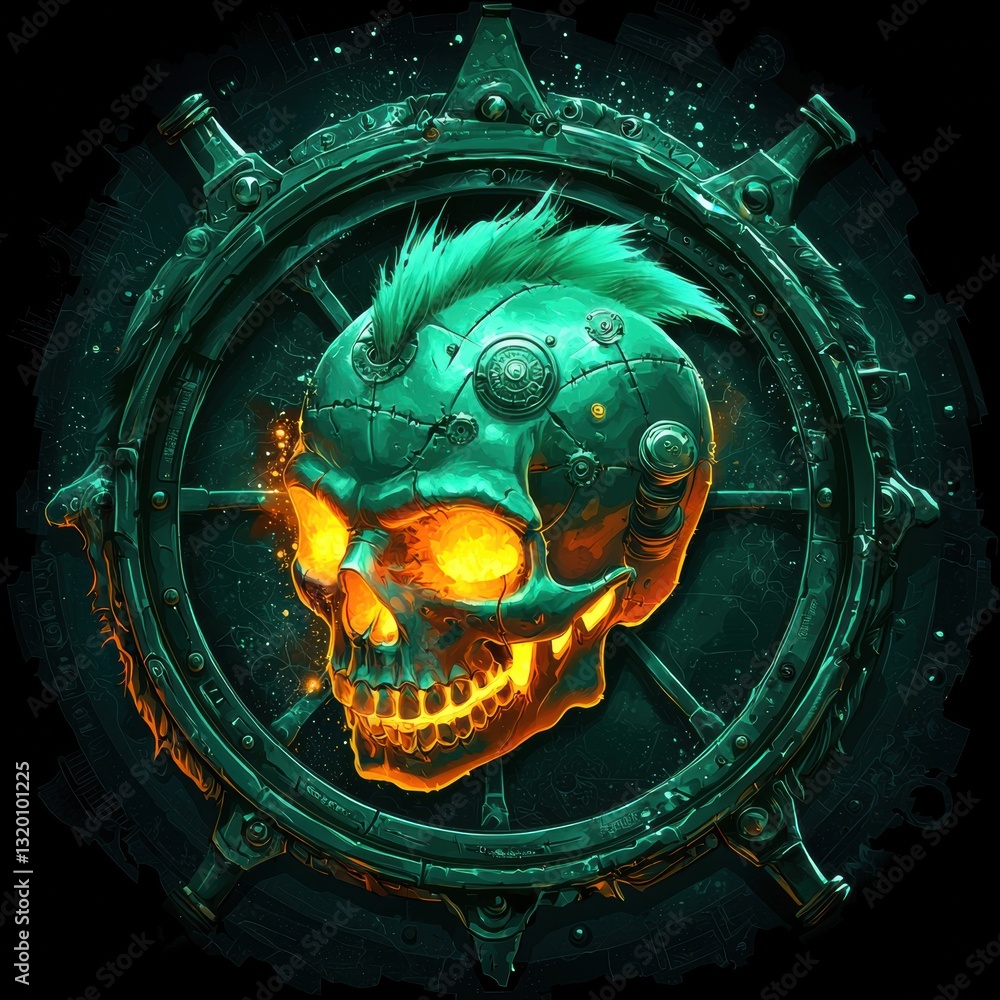 Poster glowing biomechanical skull with steam effects and intricate design elements in dark background
