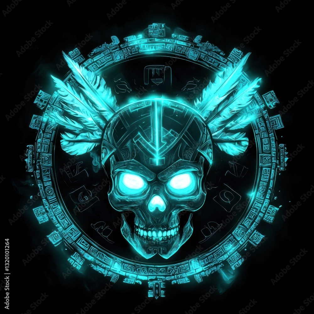 Poster glowing ancient skull with ethereal enhancements and mystical symbols in dark background
