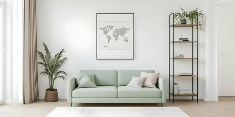 3D Render of a Modern Living Room Interior Design featuring a Pale Green Sofa, World Map Print, and Stylish Shelving Unit