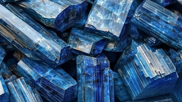 Vibrant blue kyanite crystals with a layered structure mineral pattern texture beauty. Filled stone background for advertising. Macro cinematography.