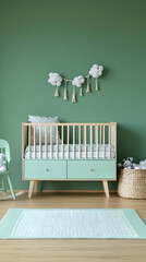 Pastel Green Nursery Room Decor: Wooden Crib with Mint Green Drawers,  Cloud Mobile, and Soft Rug; Creating a Calming Atmosphere.