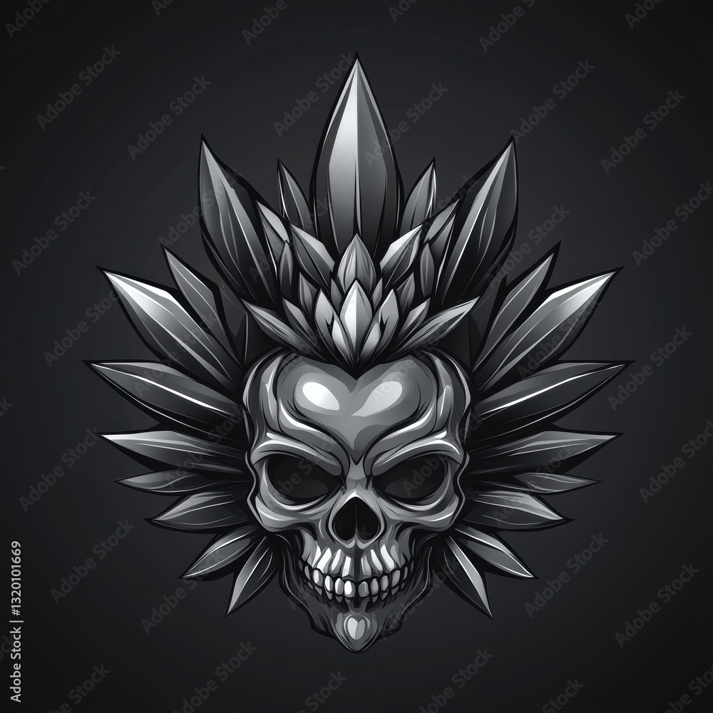 Aufkleber crystal skull design with metallic mohawk and leafy surroundings in dark background for unique artis