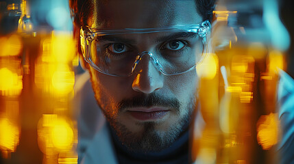 Close Up Portrait of a Focused Scientist in Lab Goggles and White Coat Surrounded by Glass Beakers Filled with Yellow Liquid and Lit by Warm Light