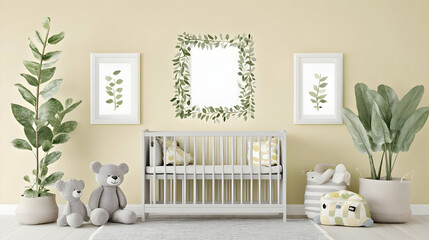 3D Render of a Nursery Room with Greenery Decor, Featuring a Crib, Stuffed Toys, and Plants.