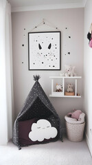 Playful Child's Room Decor: Starry Teepee with Cloud Pillow and Animal Toys, Featuring a Whimsical Wall Hanging