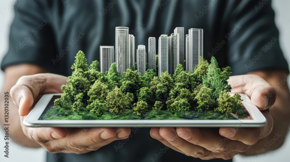 Poster engineer holding digital tablet displaying 3d model of urban architecture surrounded by lush greener