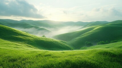 Fototapeta premium Serene Rolling Hills Landscape Under a Misty Sky