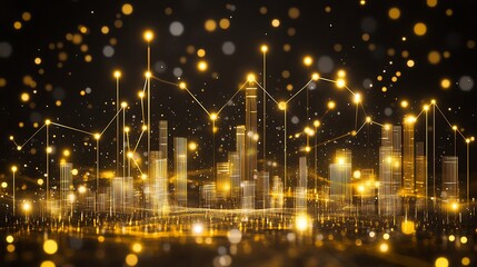 Obraz premium Golden urban city visualization with connecting lines and bokeh effects