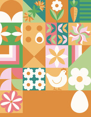 Wielkanocna pocztówka z mozaiką z świątecznymi symbolami. Wiosenny geometryczny wzór z królikiem, jajkami i kwiatami.