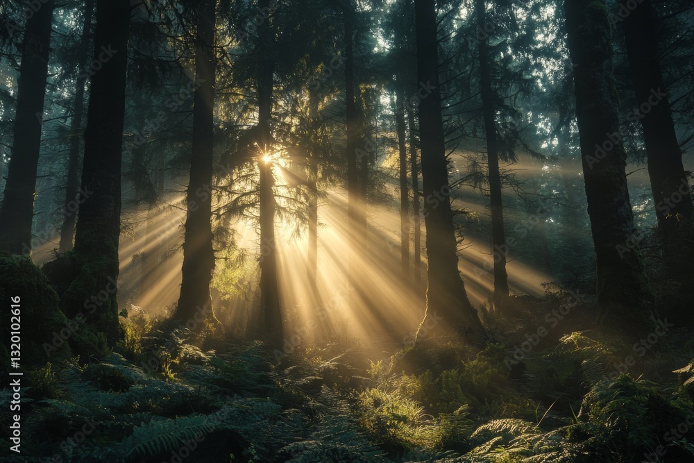 Poster sunlight filtering through trees in lush green forest environment