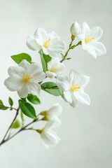 A branch of white jasmine flowers set against a clear background.