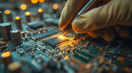 Focused Close Up of Person Repairing Complex Circuit Board with Tweezers Wearing a Glove in Warm Lighting