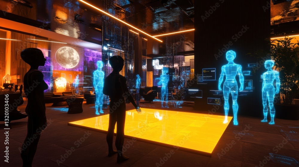 Poster Digital avatars engage in social interaction within a futuristic metaverse lobby featuring holographic elements and immersive interfaces