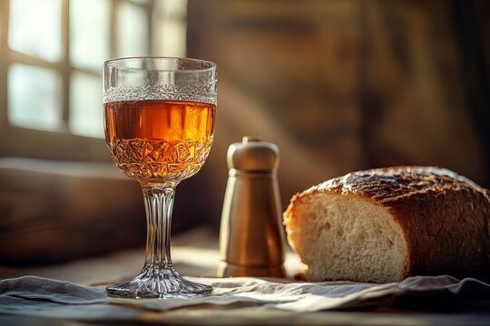 Holy Communion: A Symbolic Representation of Faith, Hope, and Spiritual Renewal. Depicting the sacred elements of bread and wine, this image evokes a 