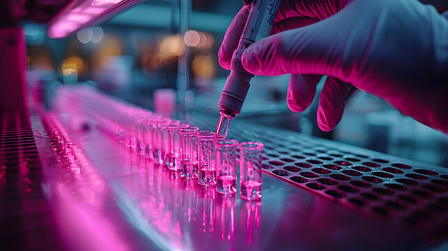 Gloved Hand Extracts Liquid into Vials for Scientific Research in a Purple Lit Laboratory with a Focus on Medical Equipment and Automated Technology