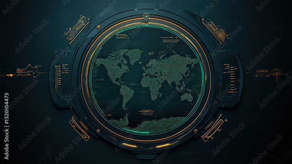 Poster futuristic world map with digital interface and glowing elements