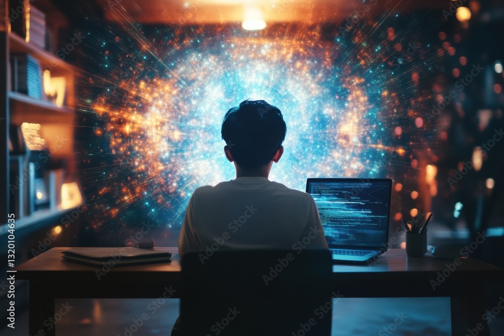 Poster student engages in virtual learning with ai assistance and immersive digital environment at home dur