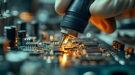 Hand Soldering Complex Electronic Circuit Board Components In Teal Toned Lighting Featuring Intricate Details and Precision Repair Technique
