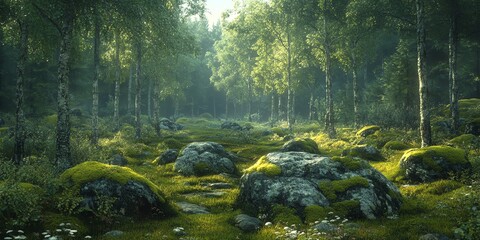 Enchanted Forest Path with Mossy Rocks and Sunlight