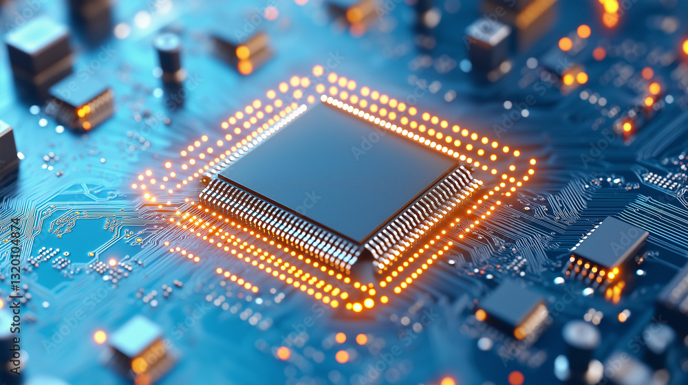 Poster digital powerhouse: close-up of a modern microprocessor, the core of digital technology, showcasing 