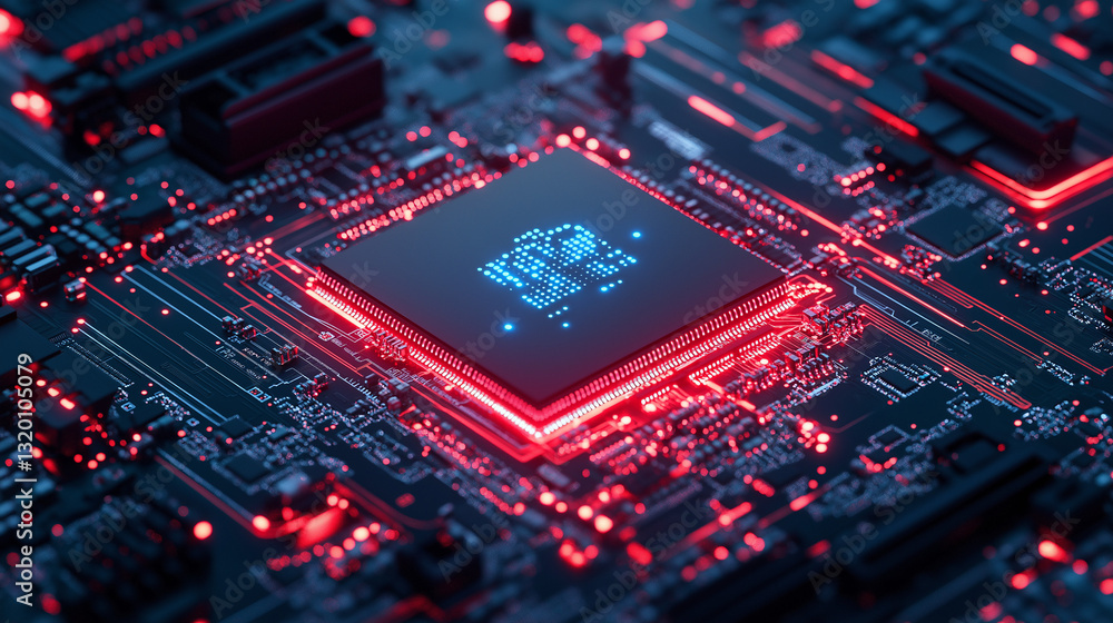 Poster silicon circuit board: a close-up view of a cutting-edge silicon circuit board, radiating with neon 