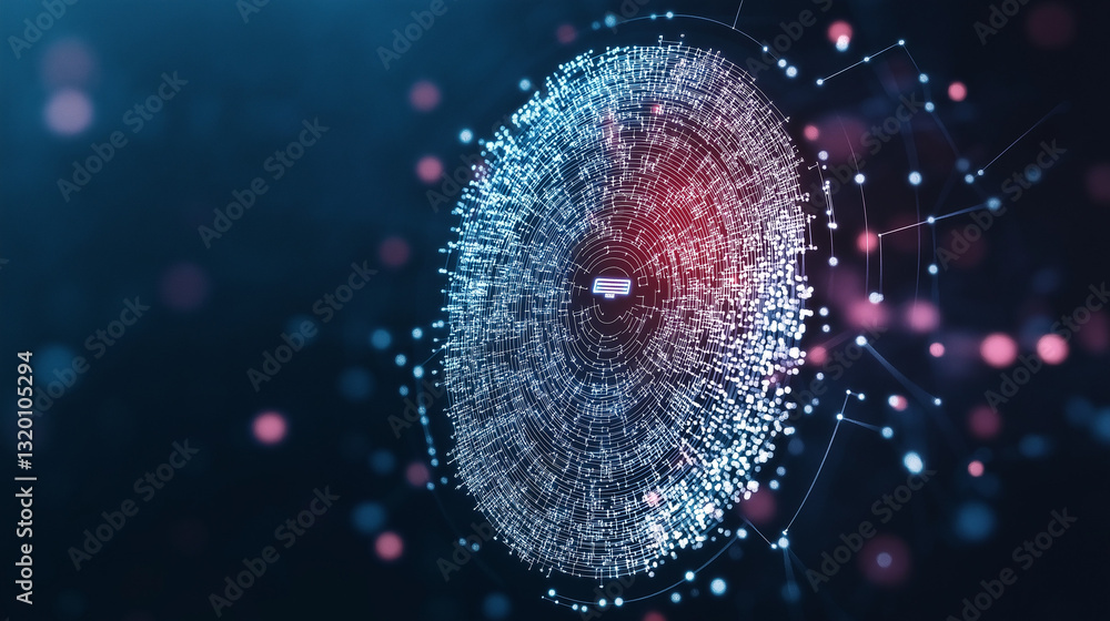 Aufkleber digital security: a fingerprint composed of digital particles. shows how to protect the system.