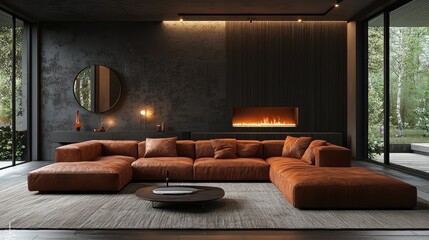 Fototapeta premium A modern living room with a comfortable brown leather couch
