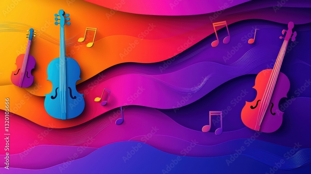 Aufkleber abstract colorful background featuring musical instruments and floating notes in vibrant shades of o