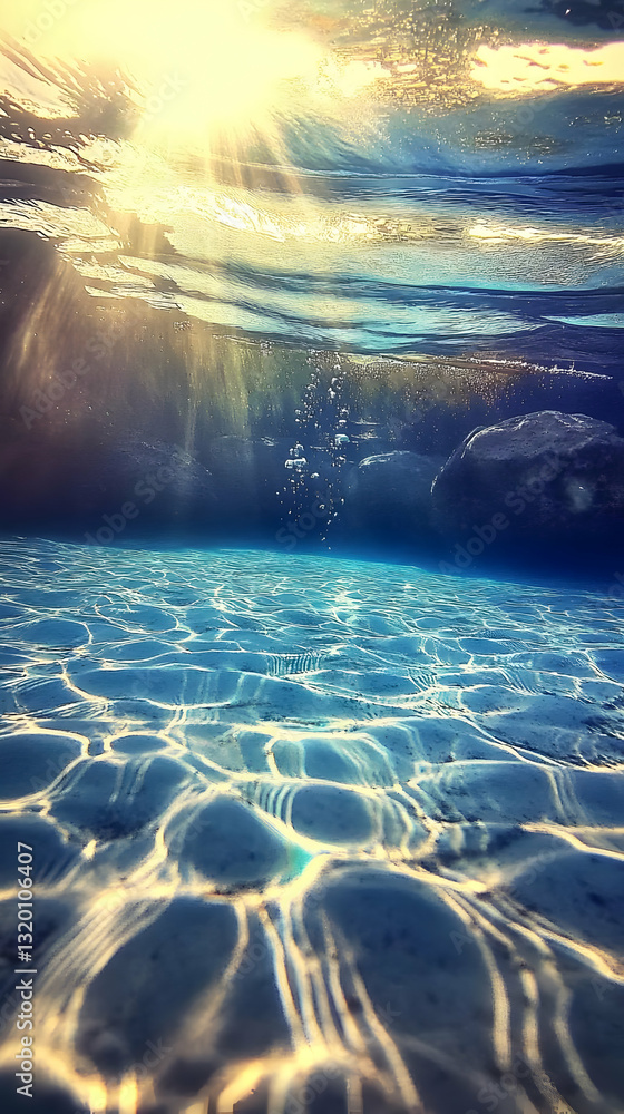 Poster underwater sunlight beams illuminate ocean floor, creating abstract textured patterns of light and s