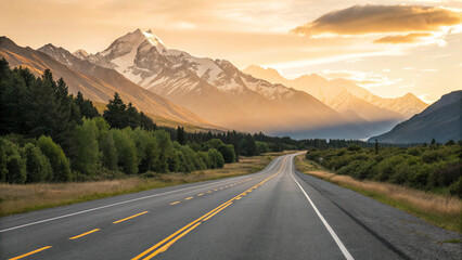 Naklejka premium An Open Road Winding Towards Majestic Snow-capped Mountains At Sunset, Bathed In Warm Golden Light