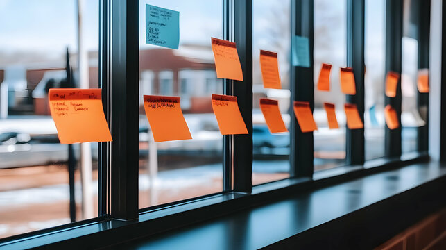 Orange Sticky Notes Adhered to Office Window, Displaying Handwritten Reminders and Tasks for Daily Workflow.