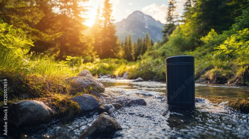 Aufkleber water filter nestled in a tranquil forest setting surrounded by clear streams and majestic mountains