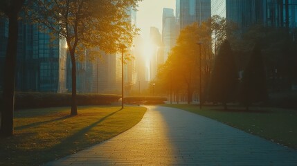 Serene City Park Landscape at Sunset with Golden Light Reflecting on Pathway and Skyscrapers in Background