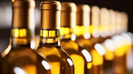 A row of wine bottles, softly lit, showcasing elegance and craftsmanship in a timeless display.
