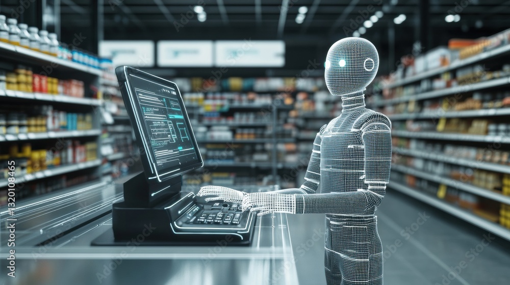 Poster smart cashier automates checkout process in modern supermarket with ai technology enhancing shopping