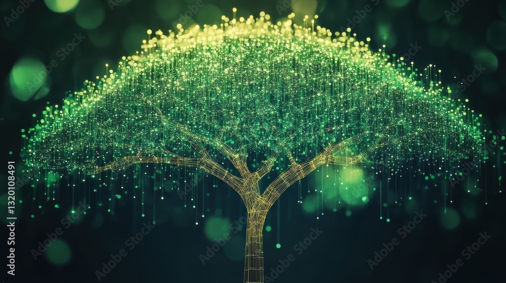 Poster digital representation of a tree with glowing branches in a vibrant forest setting showcasing light 