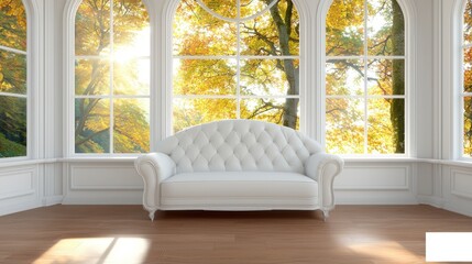 Fototapeta premium A pristine white sofa rests elegantly on warm, honey-toned hardwood flooring. Its graceful curves invite relaxation as it subtly turns leftward in this serene 3D scene