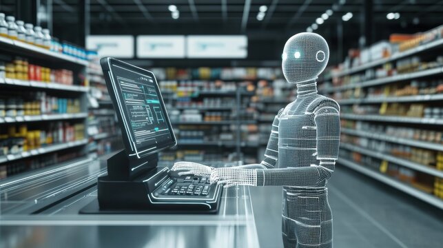 Smart cashier automates checkout process in modern supermarket with AI technology enhancing shopping experience