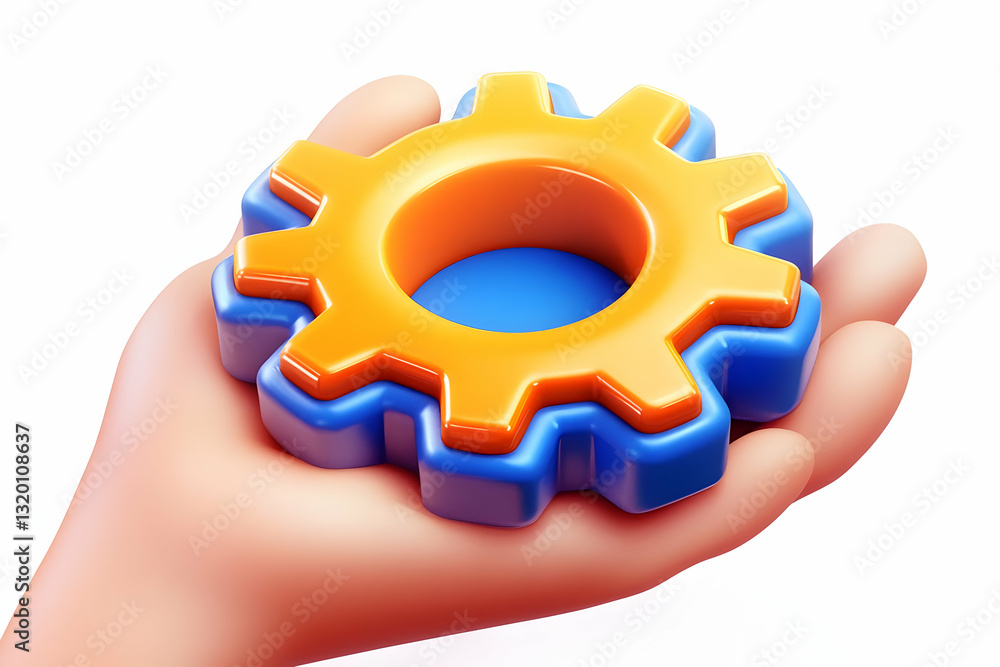 Poster 3d render of a hand holding interlocking gears, symbolizing teamwork and collaboration for efficient