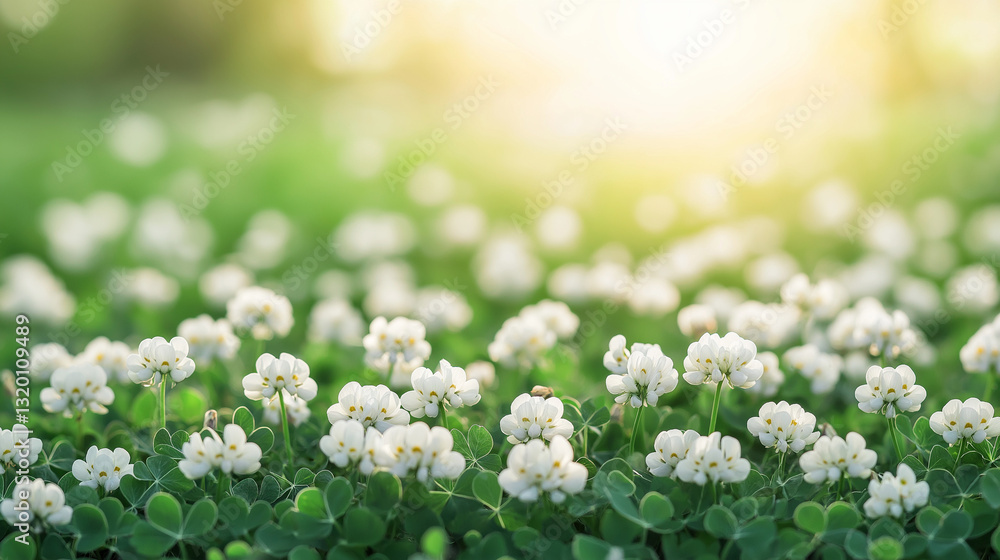 Poster clover field in sunlight: a vibrant close-up view of a field carpeted with blooming clover, bathed i
