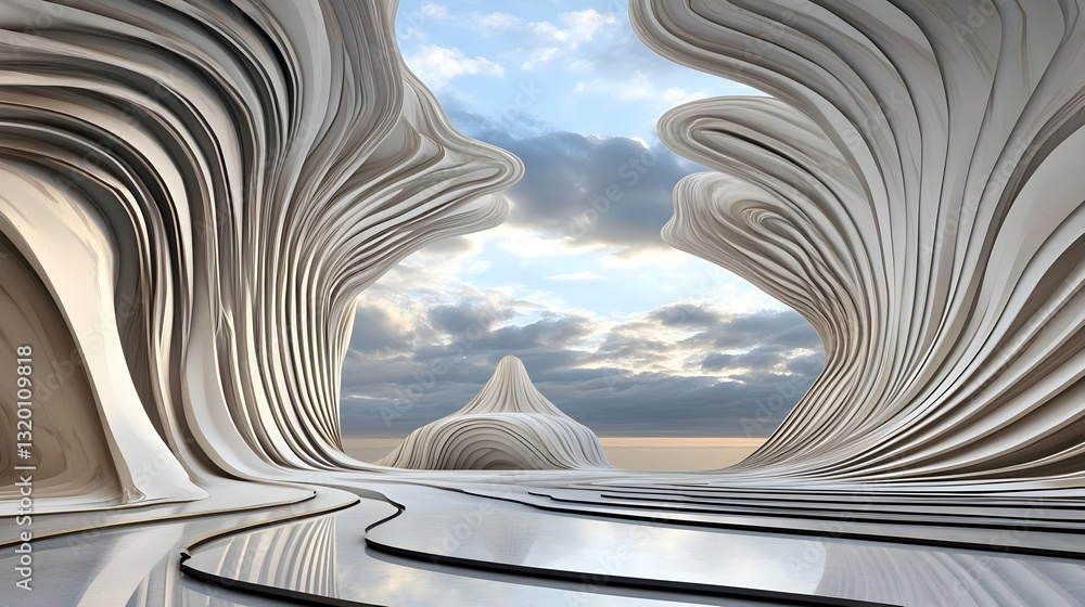 Poster abstract 3d render of a futuristic wave-like structure with cloudy sky background