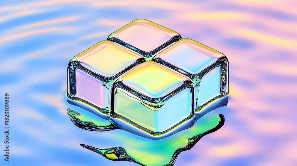 Poster iridescent glass cubes float on a pastel-colored liquid surface, creating an abstract 3d background 
