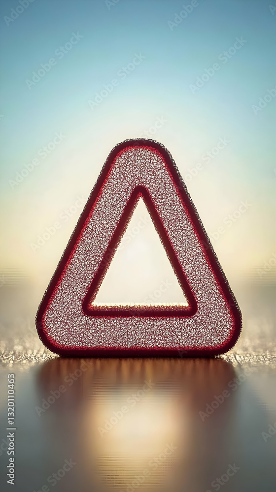 Poster abstract 3d render of a red triangular warning sign against a sunset backdrop
